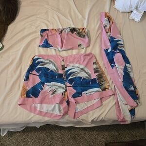 SHEIN Pink and Gray Leaf Print Swim Set